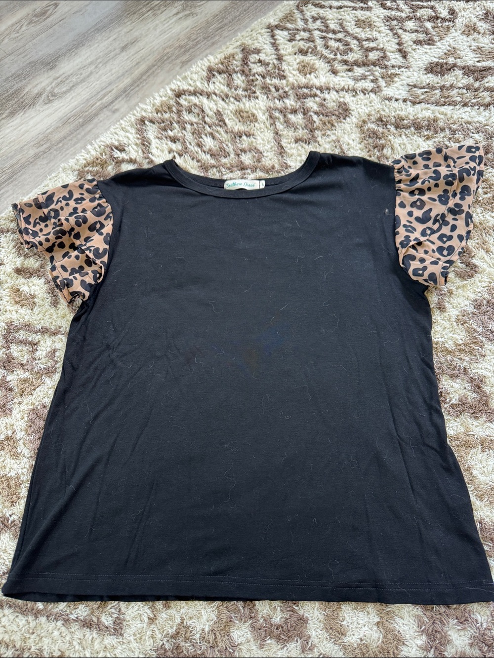 Southern Grace Black Tee with Leopard Print Ruffle Sleeves